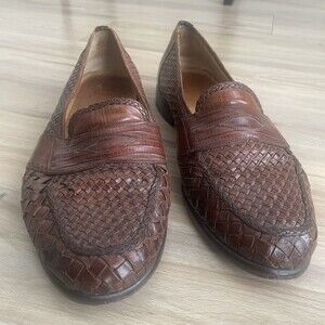 Peter Huber Mens 9 M Brown Weaved Loafers Made in Italy Woven Leather Slip On